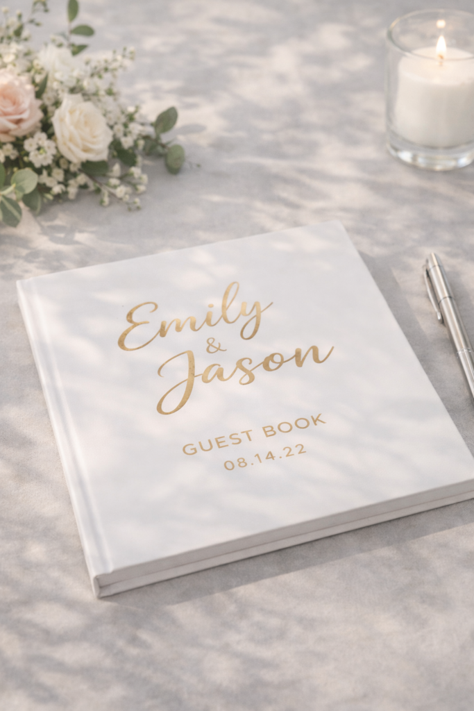 Elegant wedding guest book setup