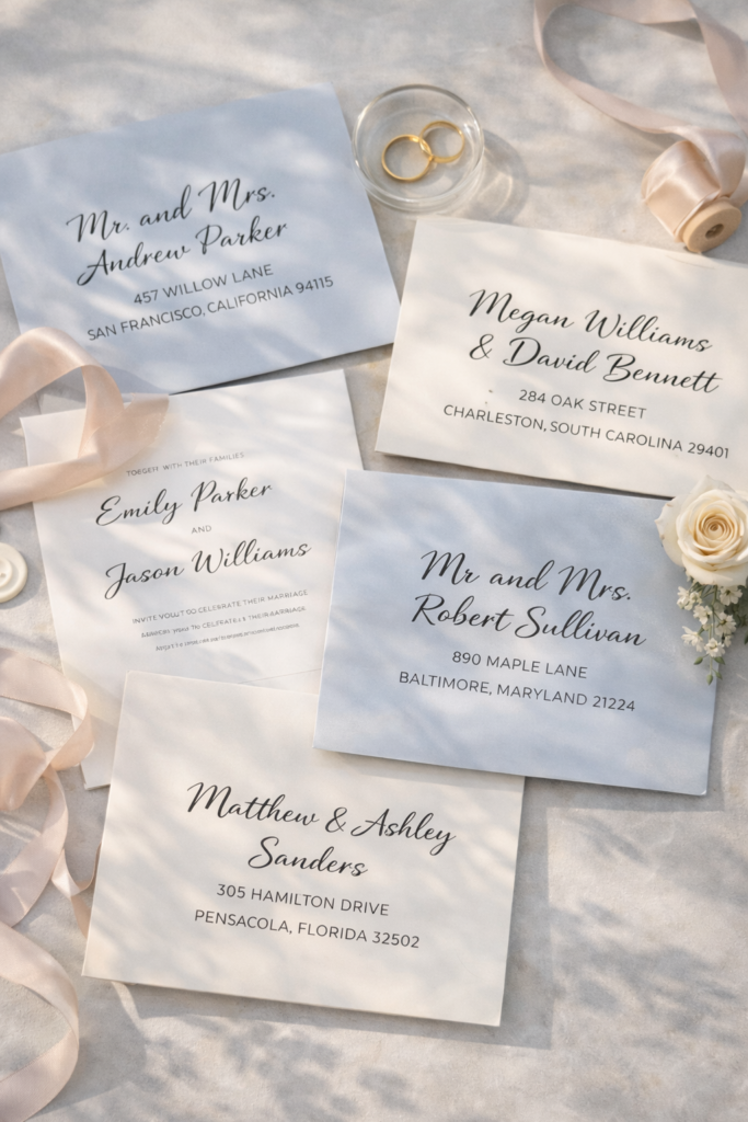 Elegant wedding stationery flat lay