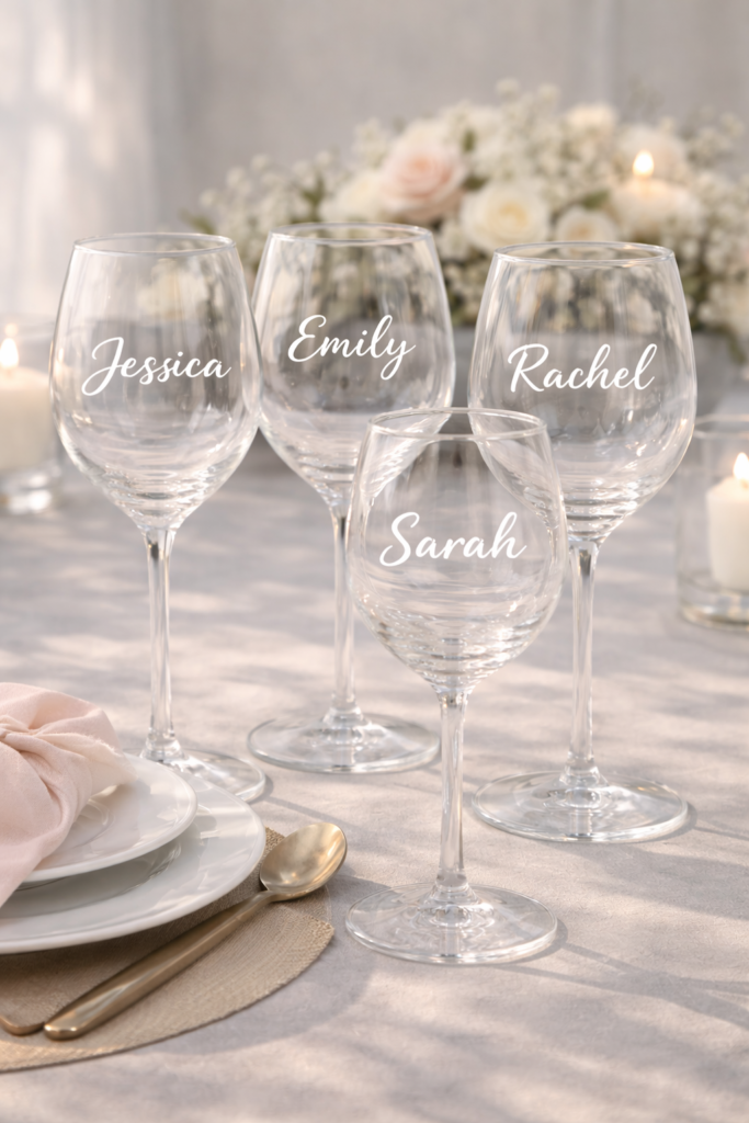 Elegant wedding table with personalized glasses