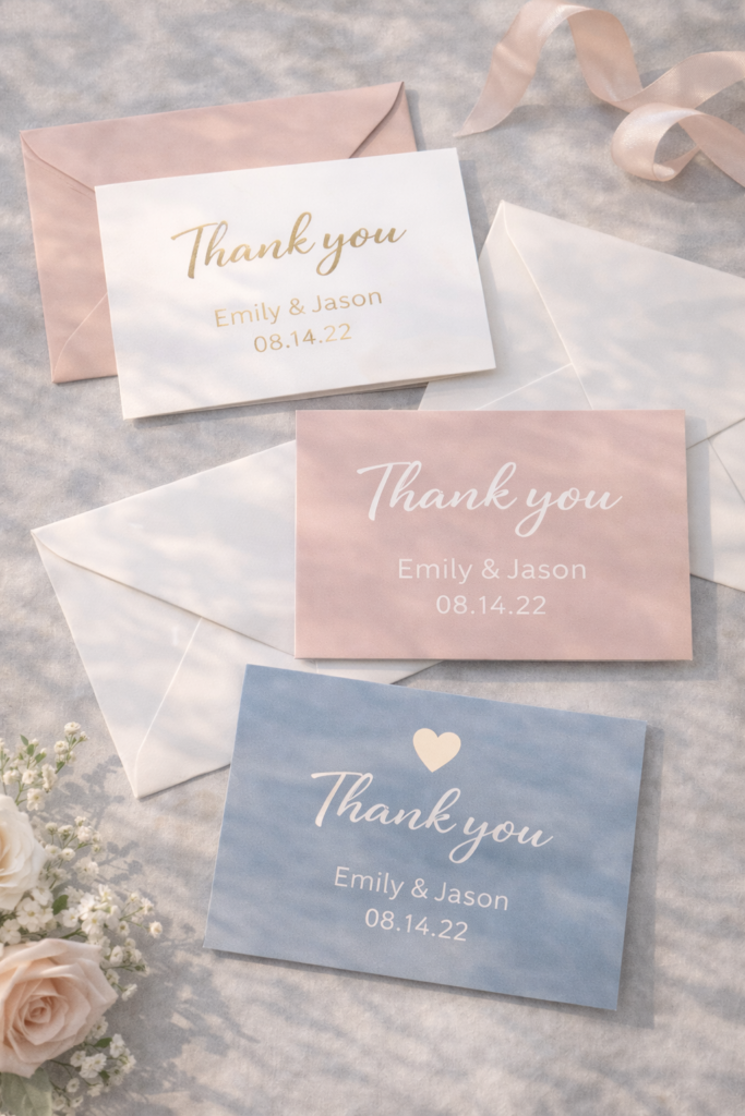 Elegant wedding thank you cards flat lay