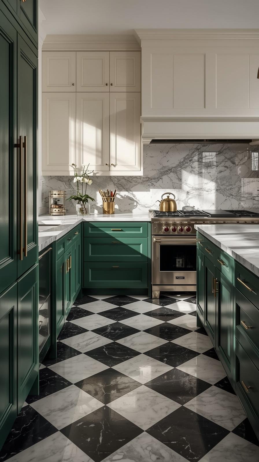 image of a bold kitchen with emerald green lower cabinets and cream upper cabinets, black-and-white marble checkerboard flooring