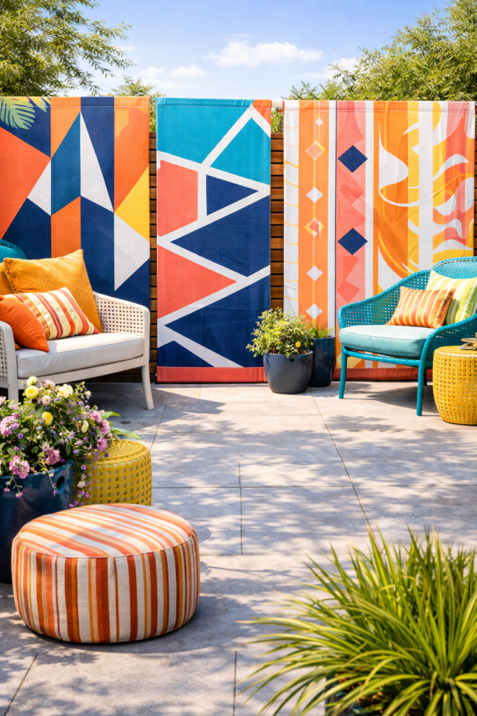 Fabric privacy screen with colorful decor