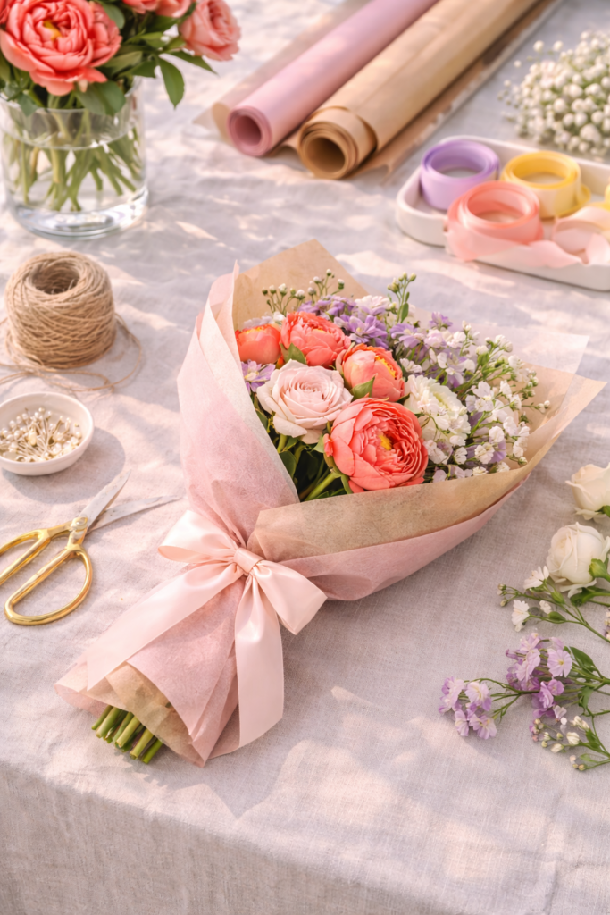 Floral arrangement preparation on linen tablecloth