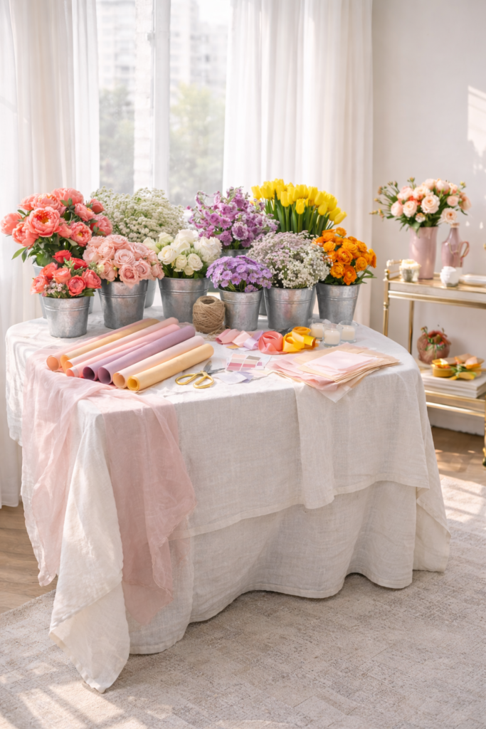 Floral arrangement setup with vibrant blooms