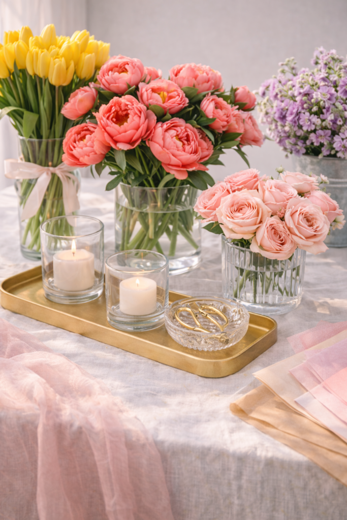Floral arrangements on a linen setup