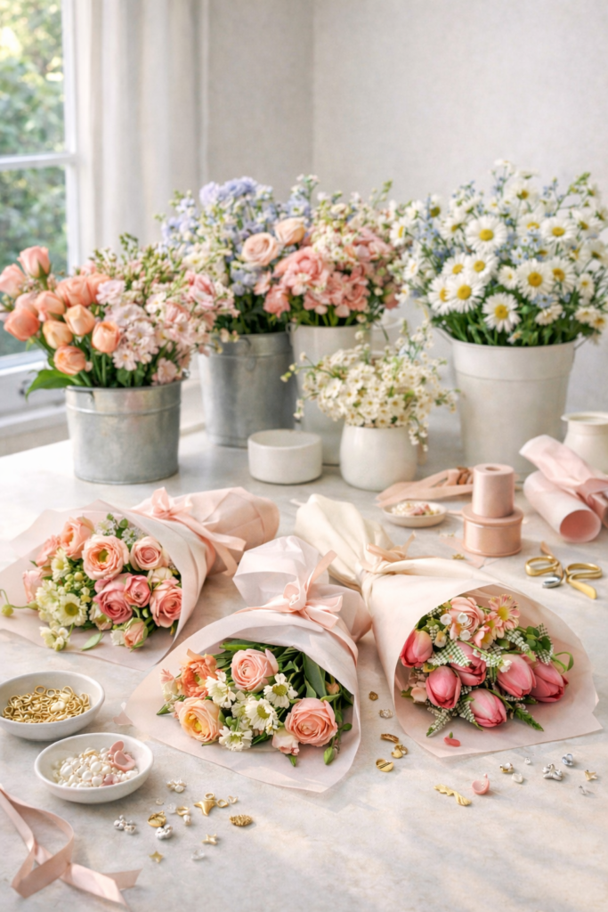 Floral bloom setup with soft ribbons