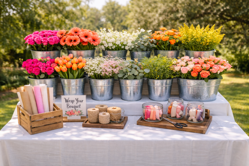 Flower bloom bar and wrapping station