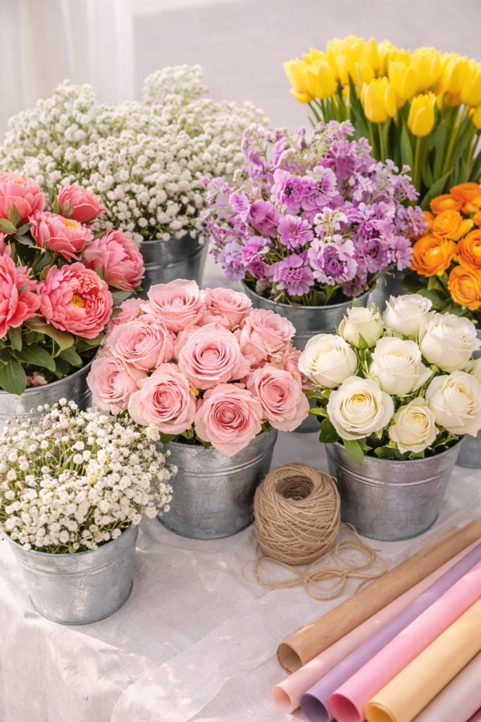 Fresh blooms in galvanized buckets