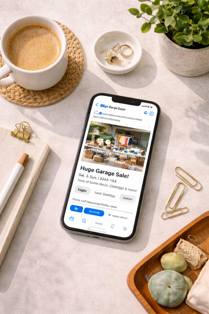 Garage sale listing flat lay setup