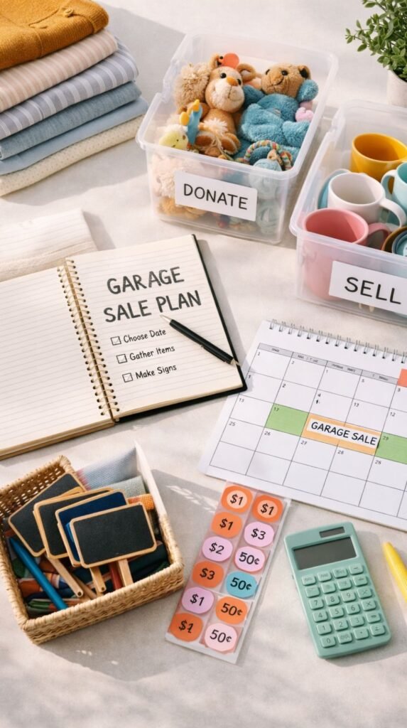 Garage sale planning essentials on table