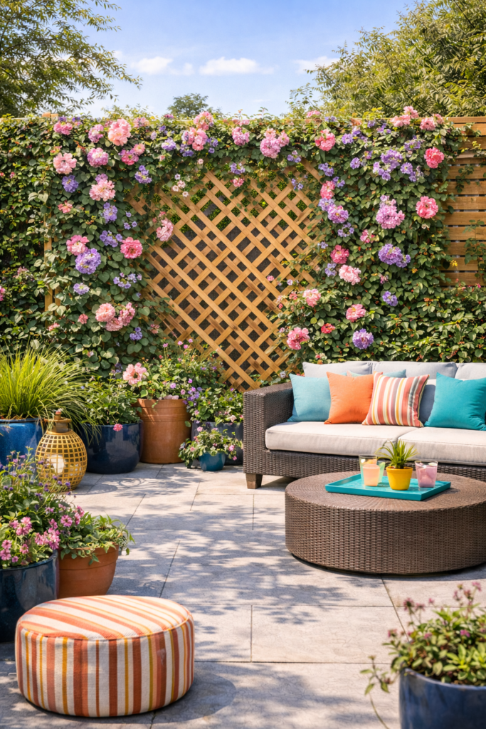 Garden retreat with blooming trellis

