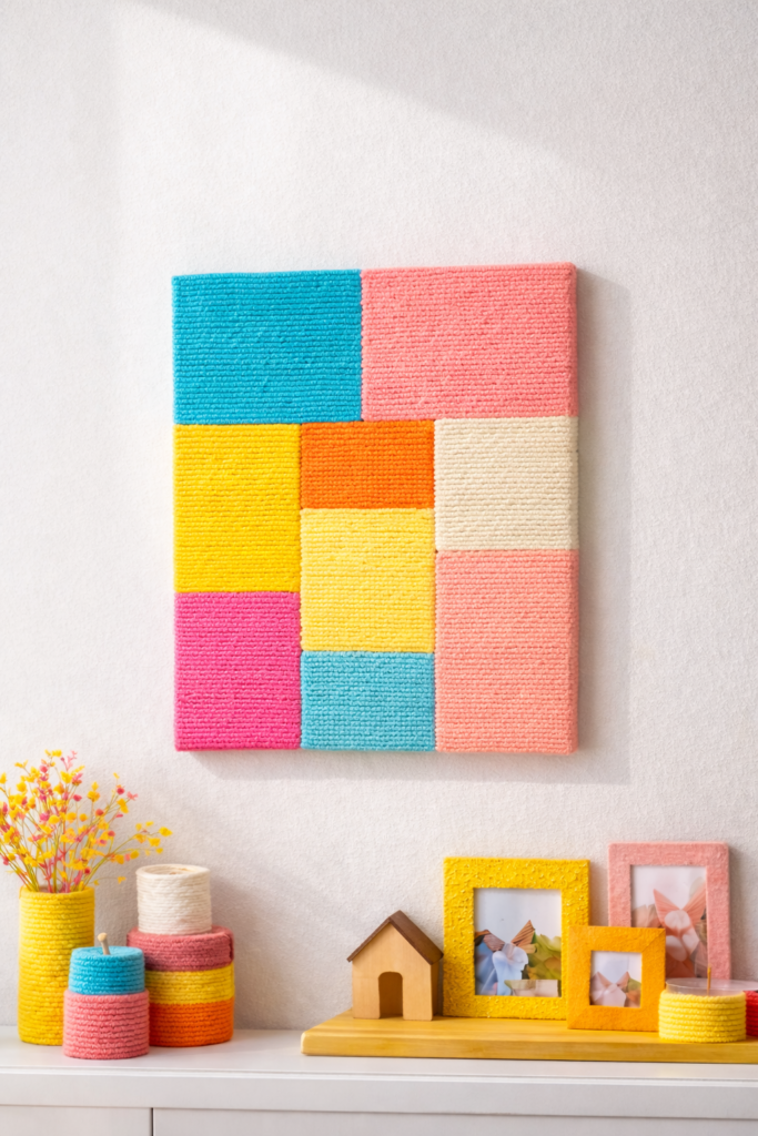 Geometric yarn art on white wall
