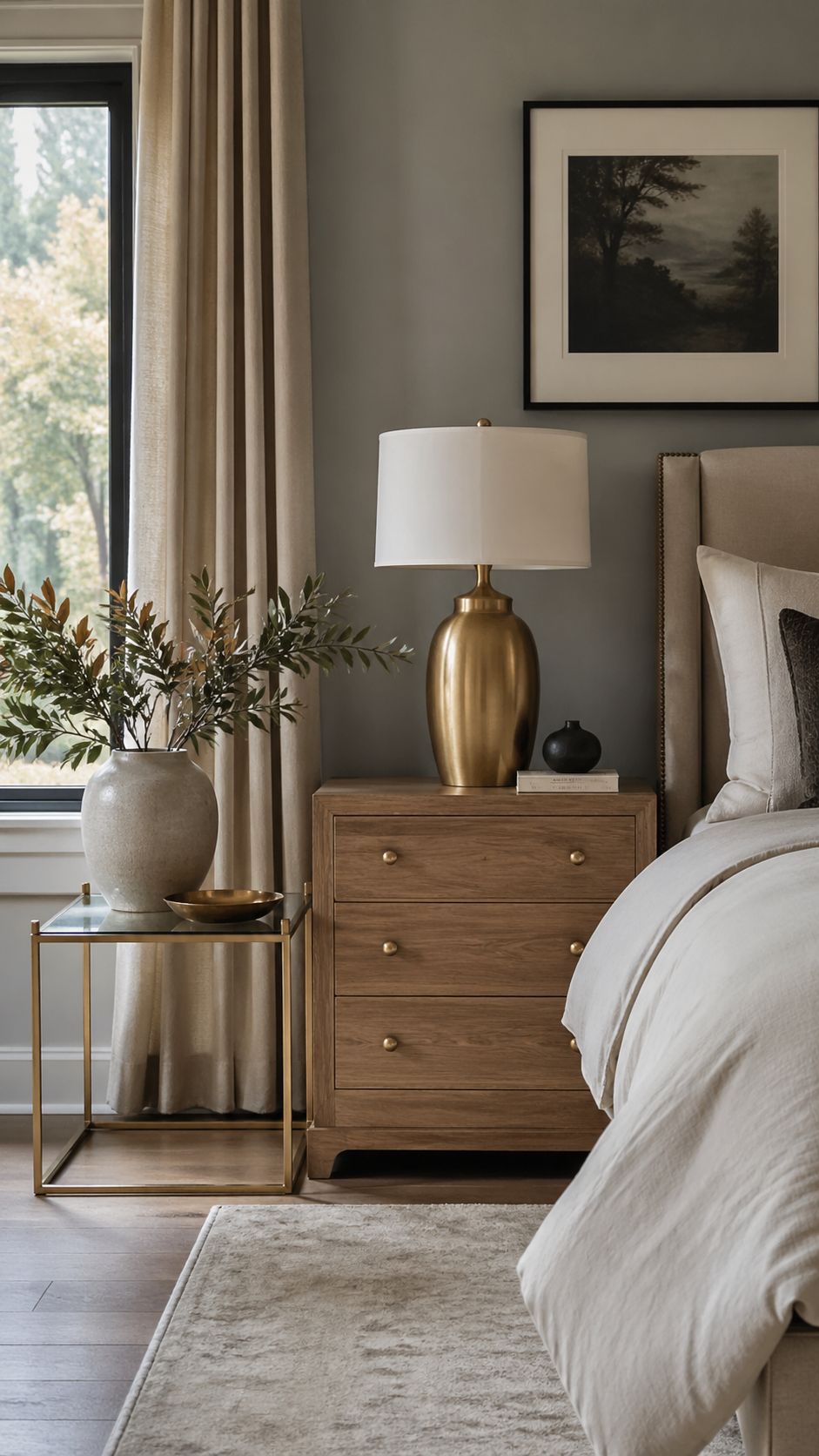 Glass and brass side table paired with natural wood furniture