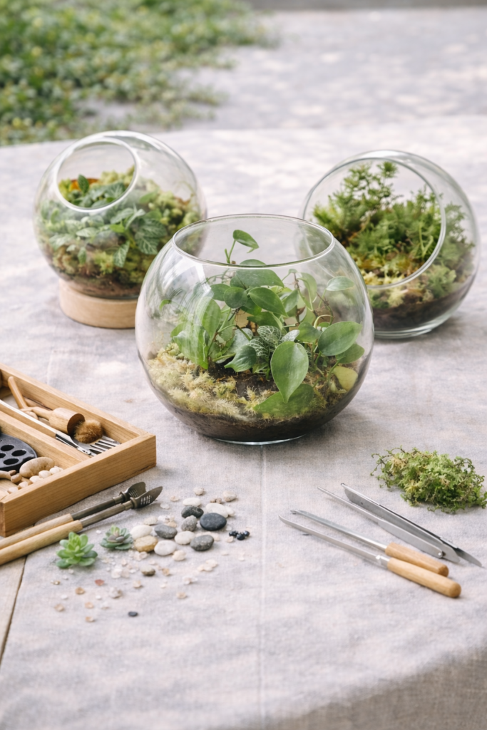 Glass terrariums with lush greens