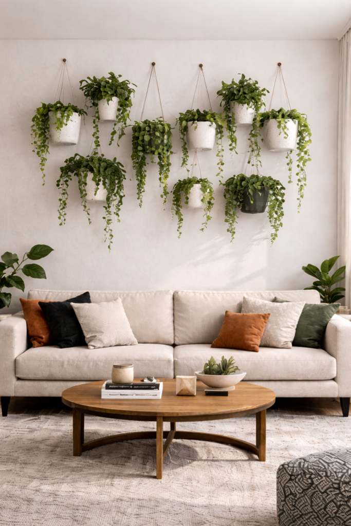 Greenery and warmth in a cozy living room