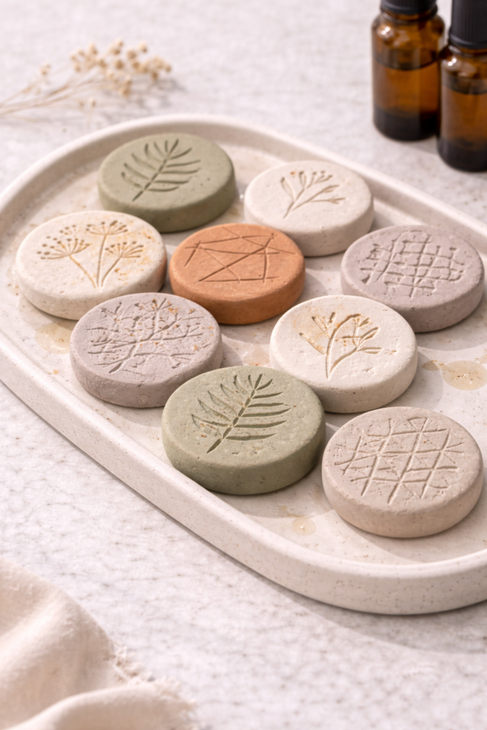 Handcrafted clay diffuser stones display botanical art