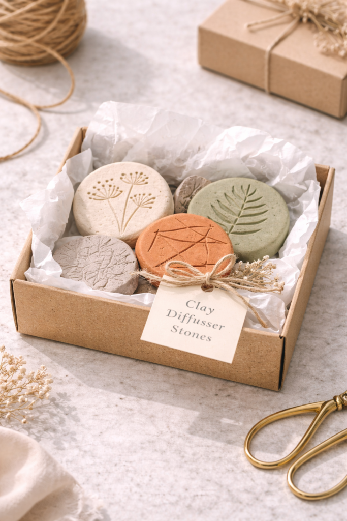 Handmade clay diffuser stones in kraft box