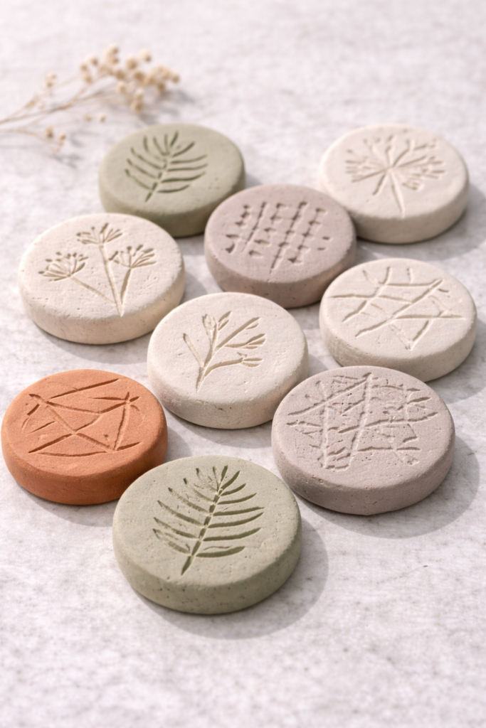 Handmade clay diffuser stones with nature motifs