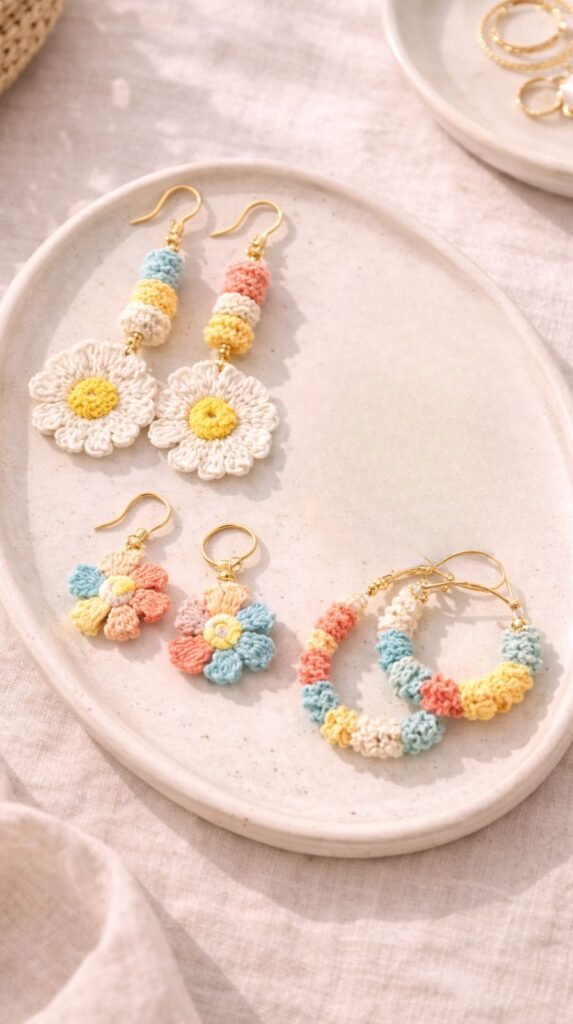Handmade crochet earrings on ceramic dish