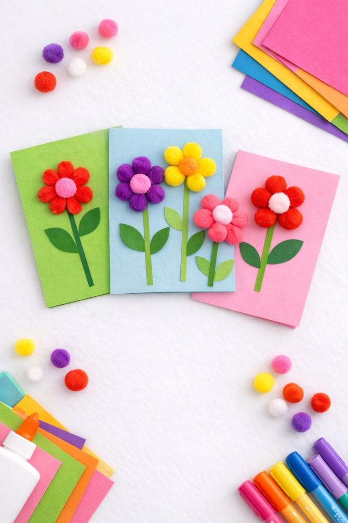 Handmade pom-pom flower greeting cards