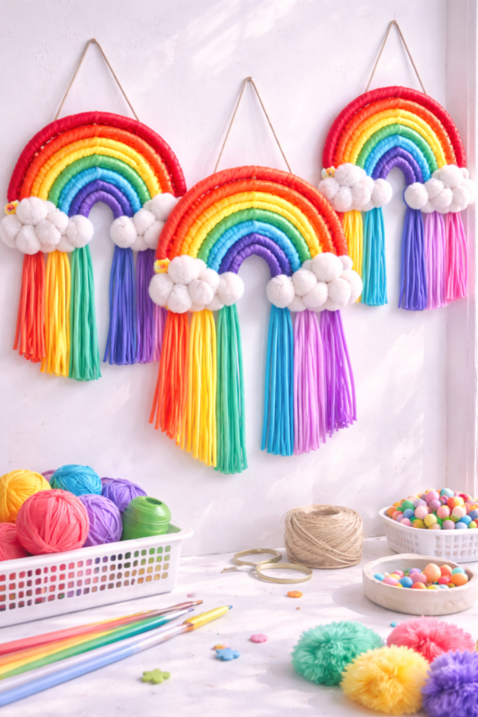 Handmade rainbow yarn wall hangings