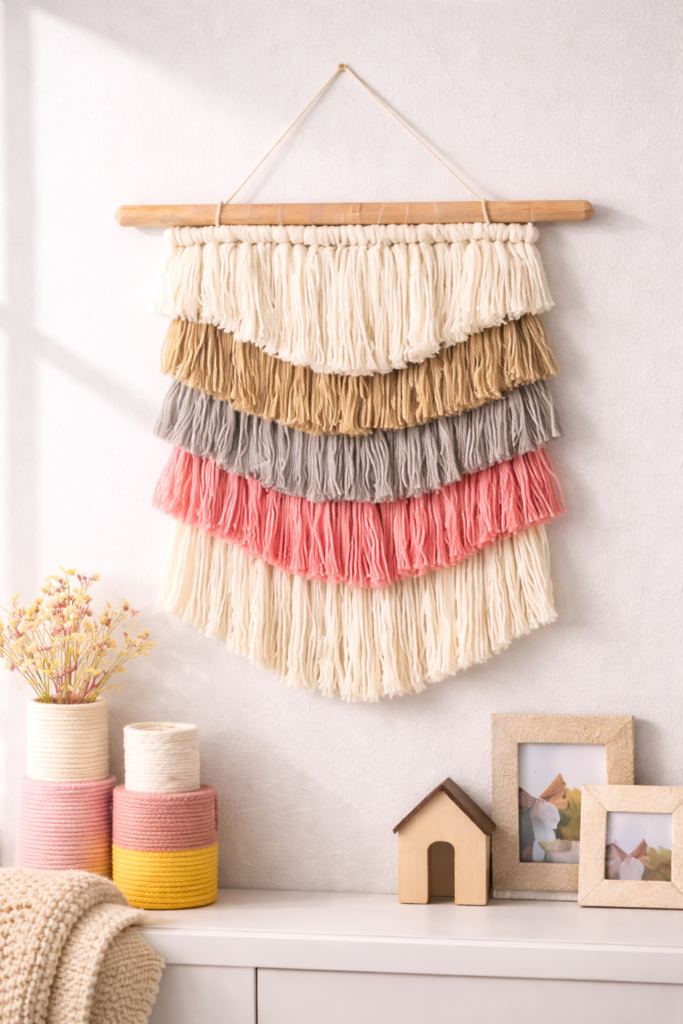 Handmade yarn wall hanging with vignettes