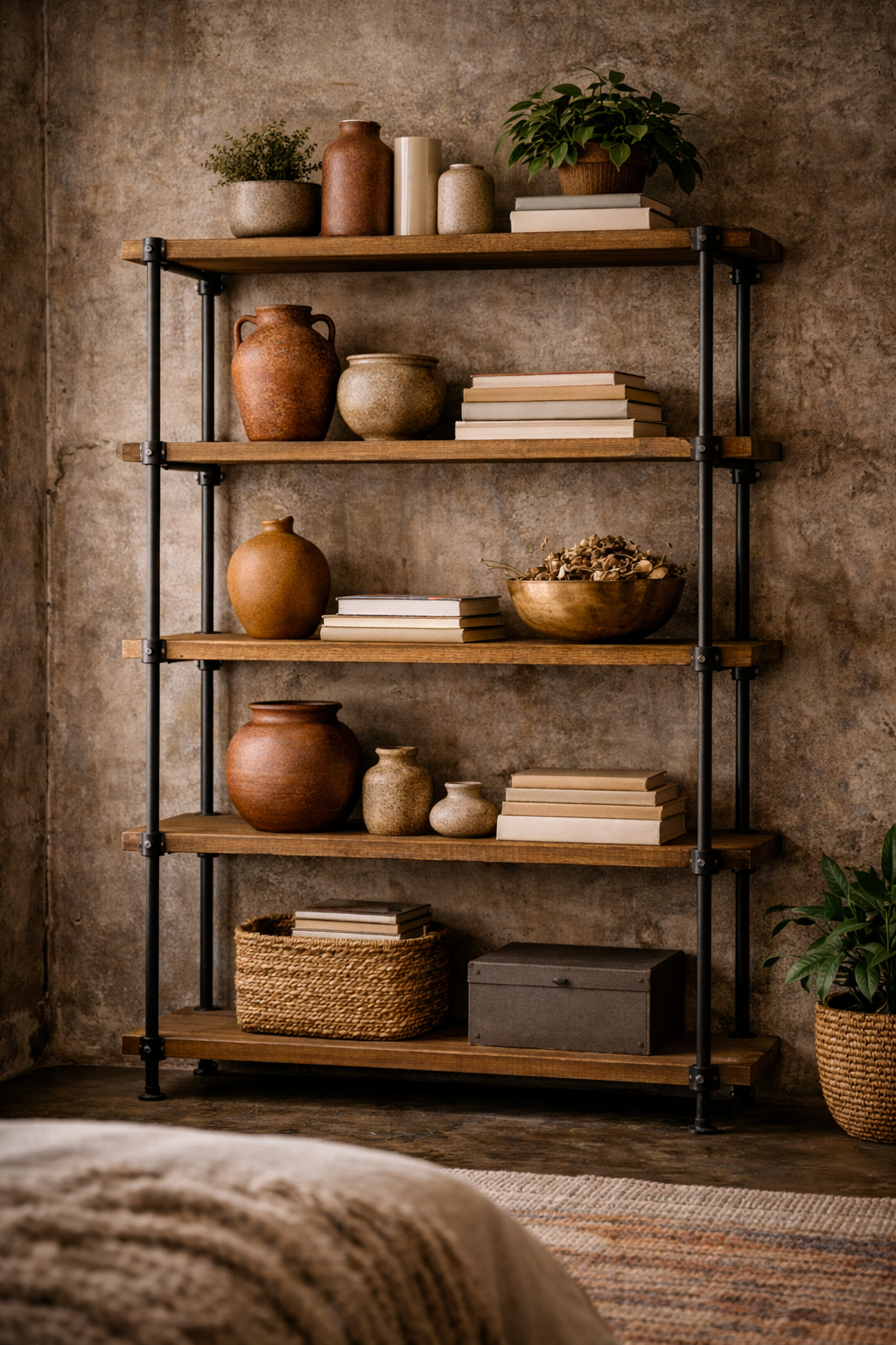Industrial bookshelf styled with warm ceramic objects