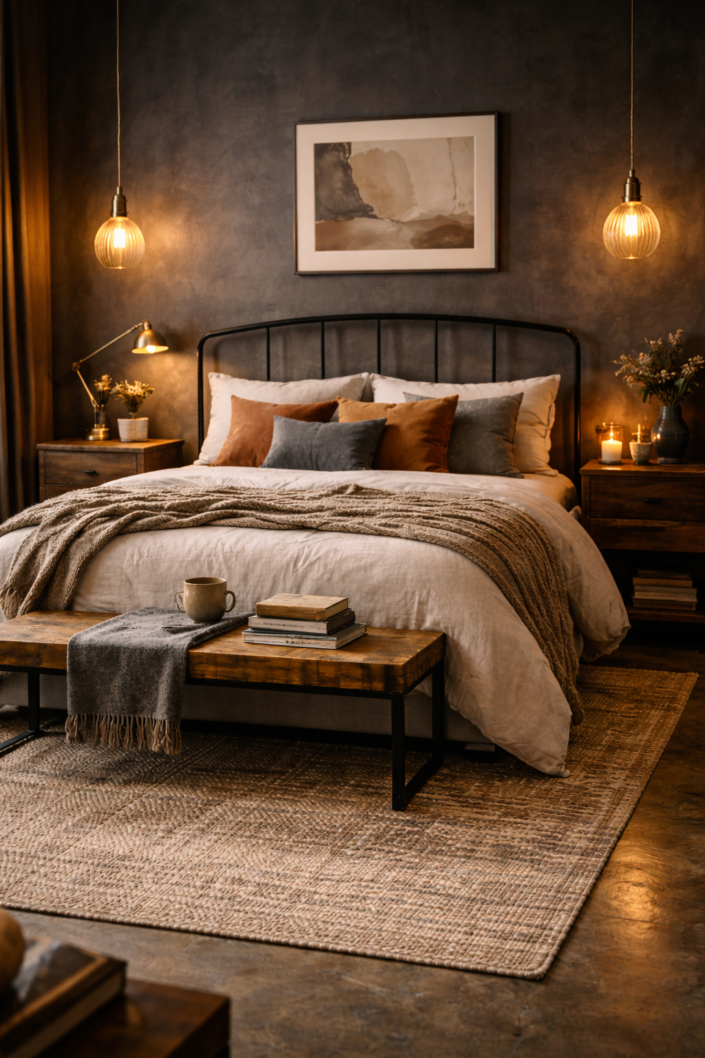 Dark charcoal walls accented with warm brass fixtures