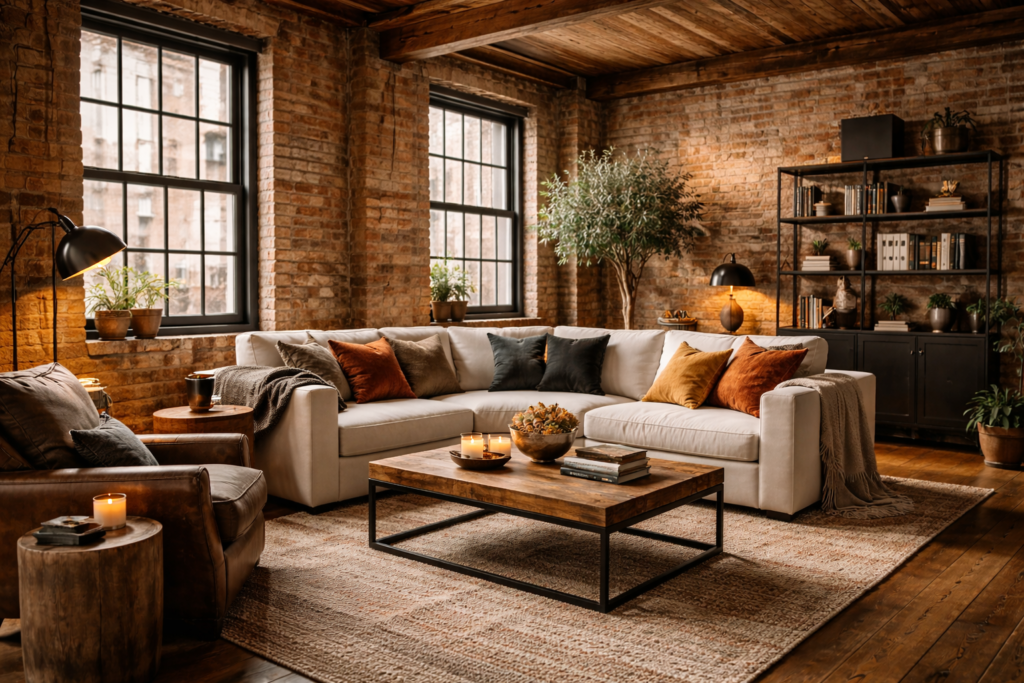 Warm industrial loft with exposed brick and cozy textiles