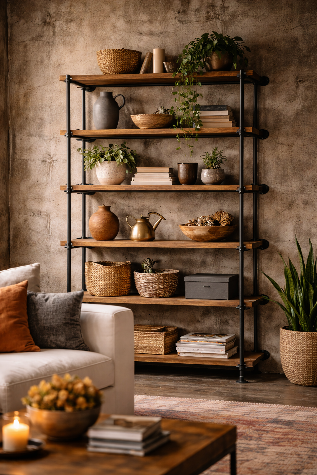 Pipe shelving with wooden planks holding plants and decor