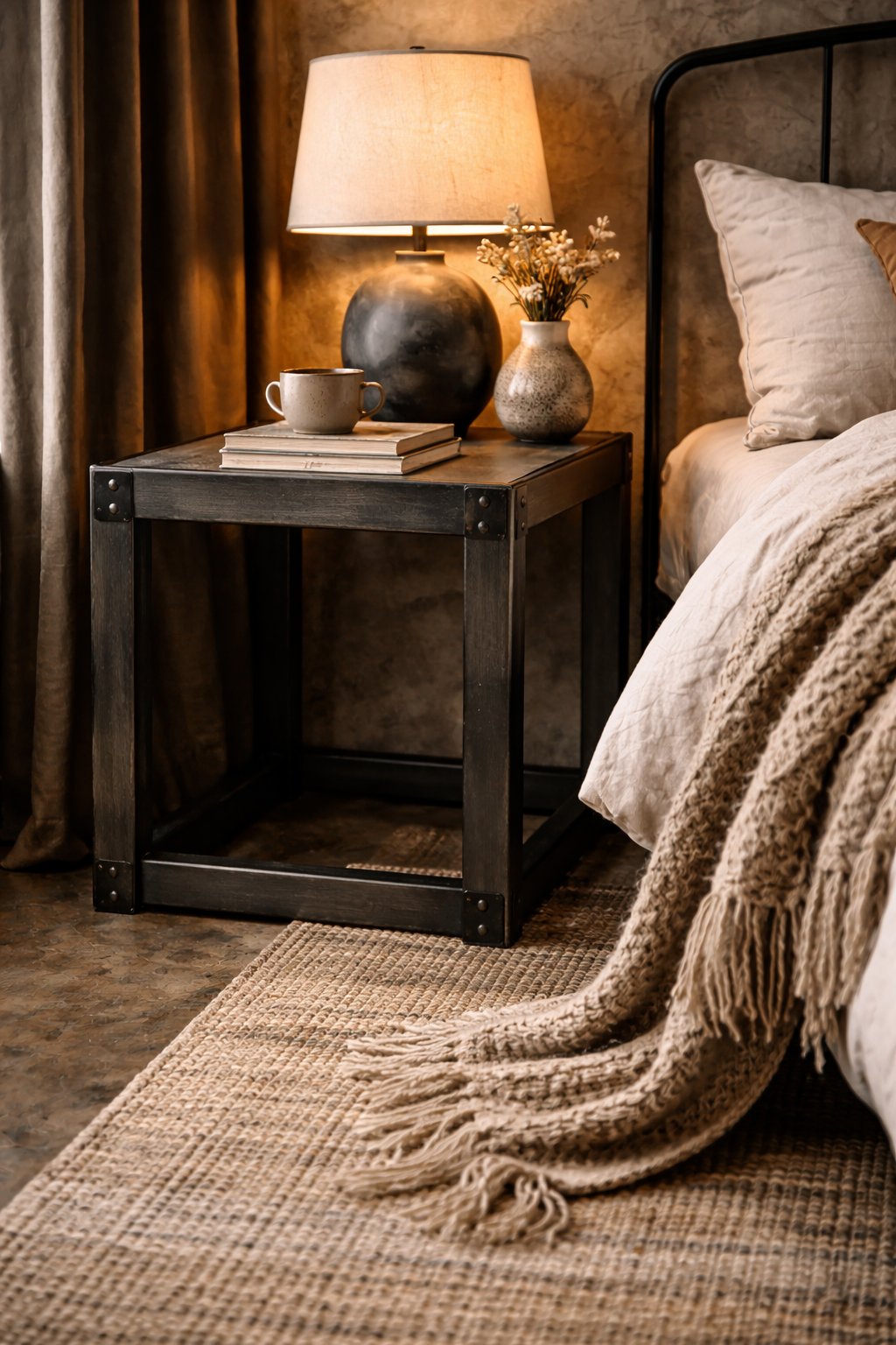 Raw steel side table softened by a cozy throw blanket