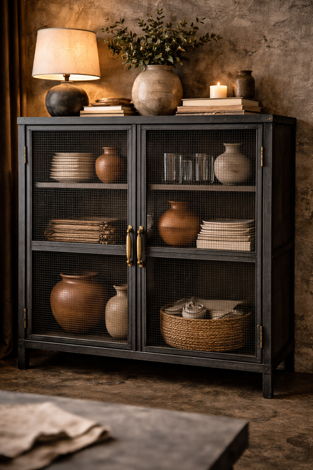 Wire mesh cabinet doors displaying warm ceramic contents