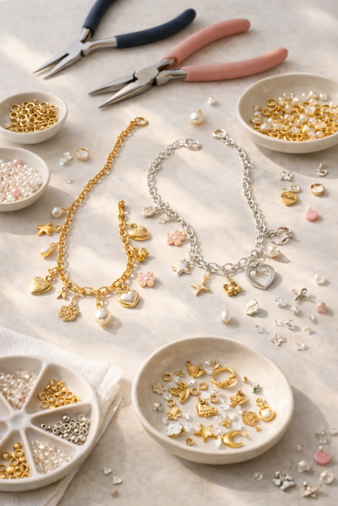 Jewelry-making supplies under natural light