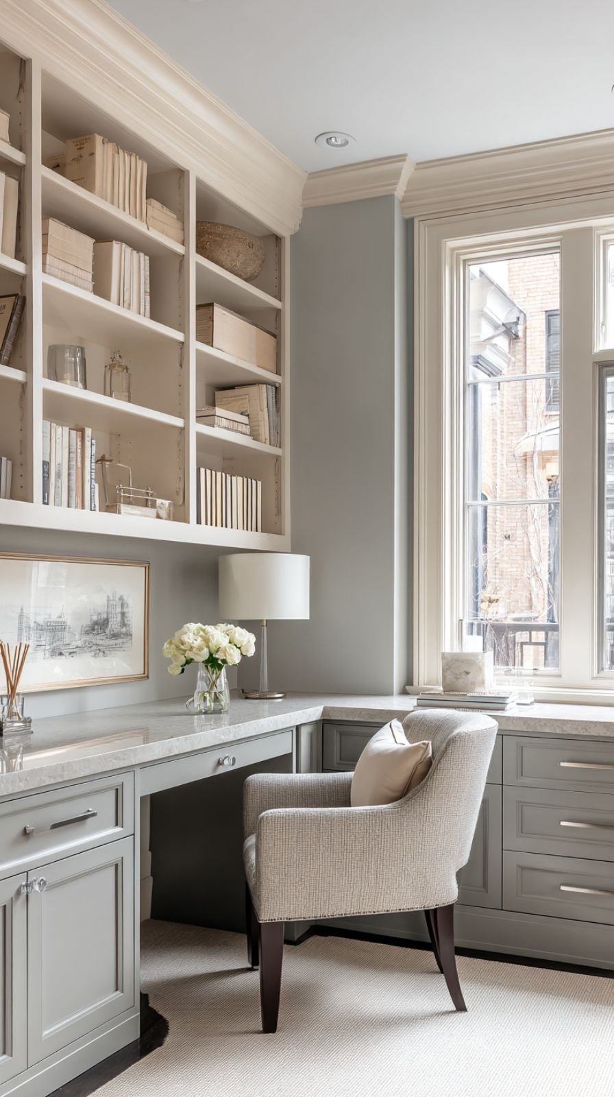 Light-filled home office with custom two-tone built-in bookcases, lower cabinets in soft stone gray and upper shelving in warm soft white