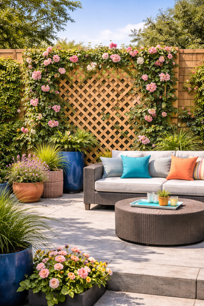 Lush garden patio with cozy seating