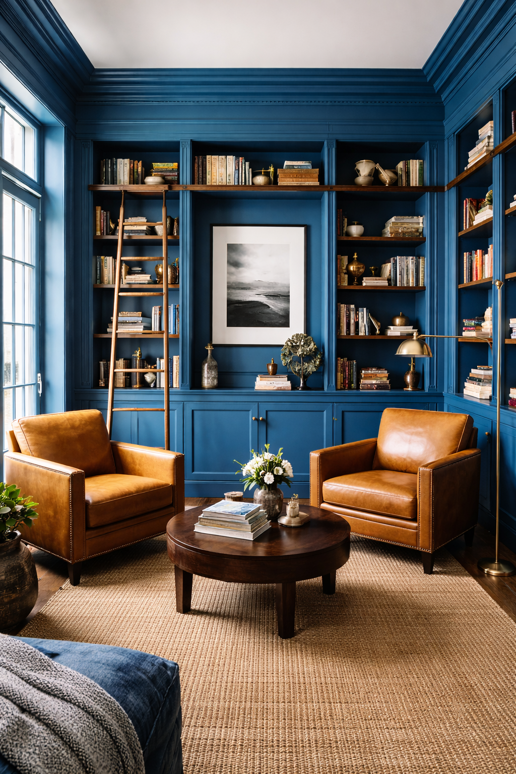 Luxurious cerulean blue home library