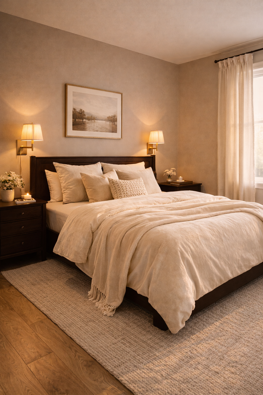 Luxurious master bedroom with warm light