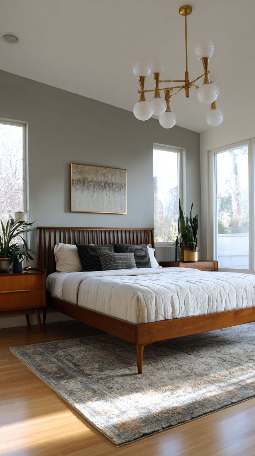 A mid-century modern bedroom with a slatted walnut platform bed