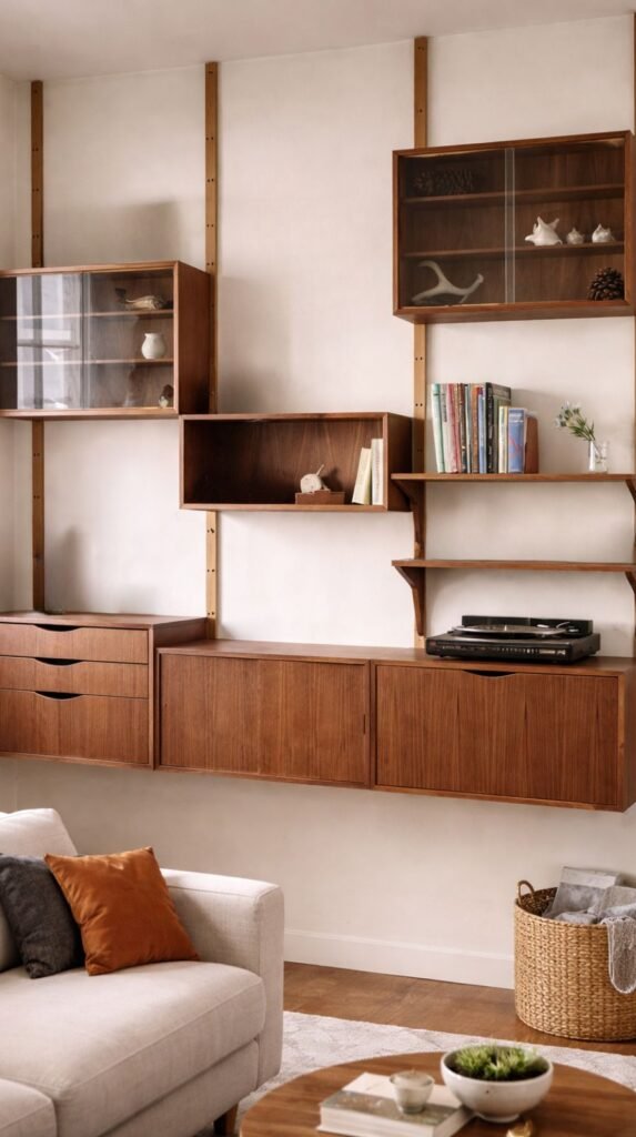 Mid-century modern shelving with vintage accents