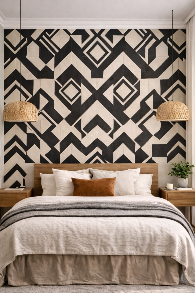 Modern bedroom with geometric accent wall