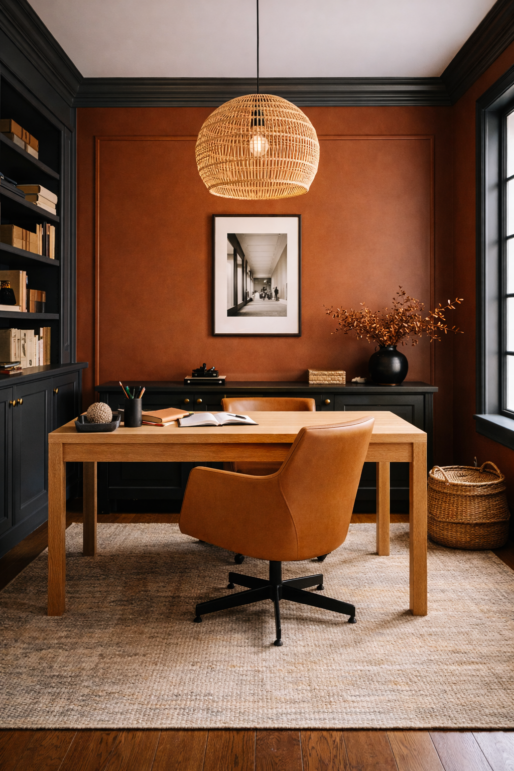 Modern home office with cozy warmth