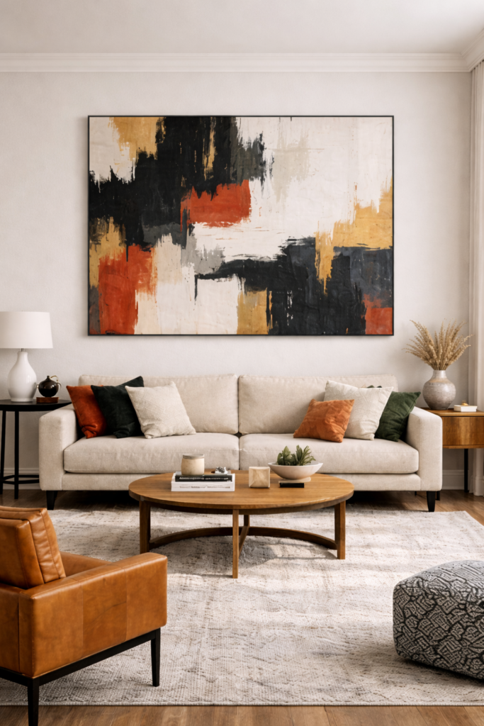 Modern living room with abstract art