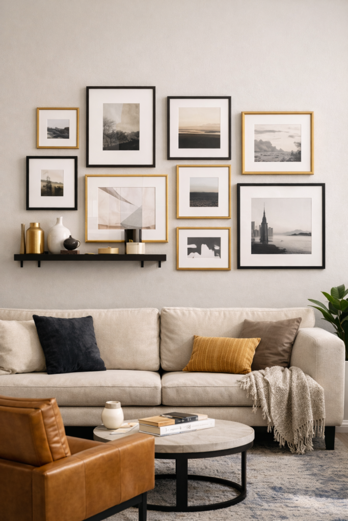 Modern living room with curated gallery wall - blank wall