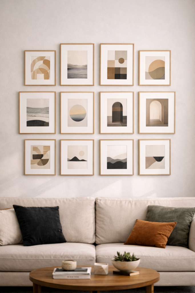 Modern living room with stylish art gallery