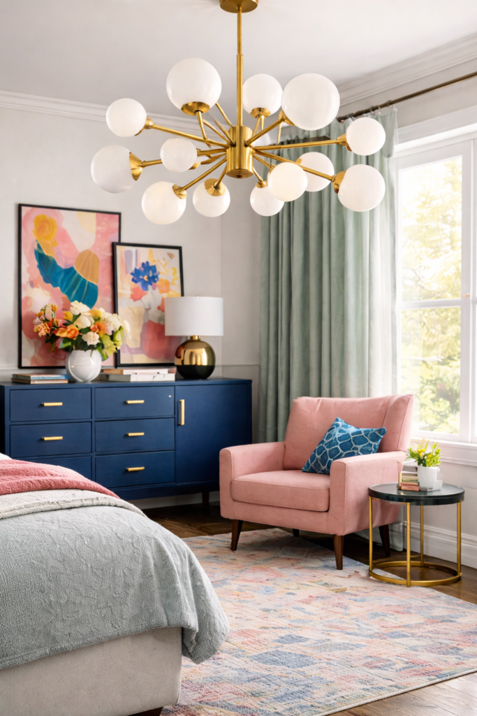 Modern living room with vibrant chandelier