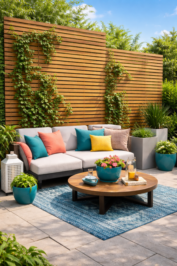 Modern wooden outdoor patio with vibrant accents