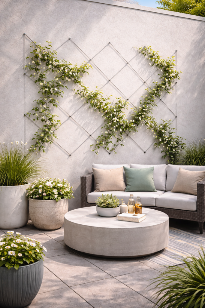 Modern patio with climbing vines