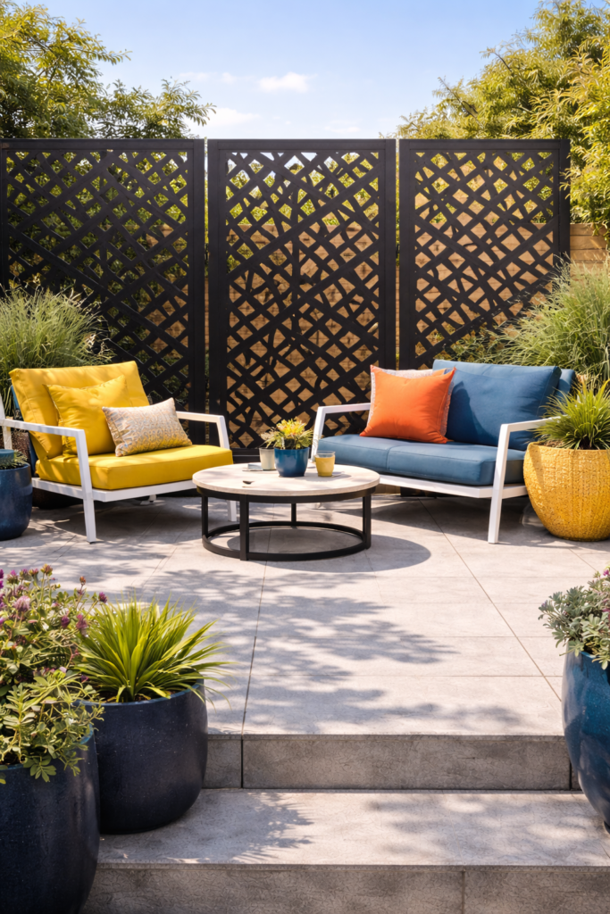 Modern patio with geometric panels and vibrant seating