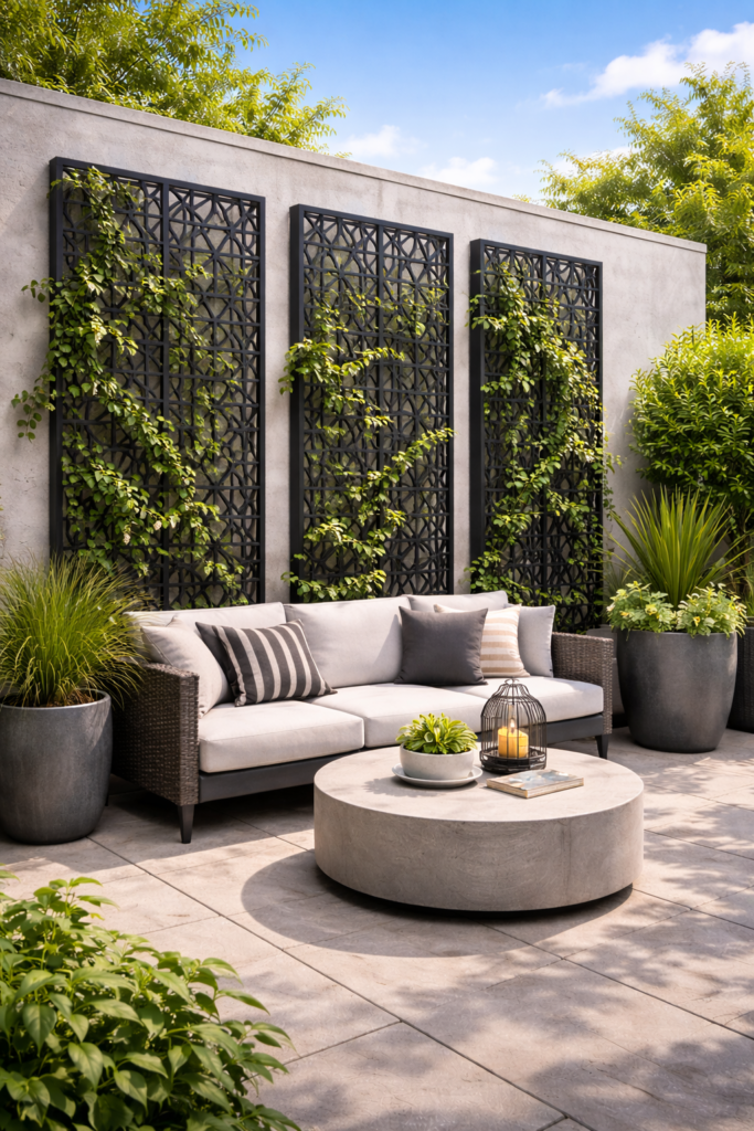 Modern patio with geometric trellises