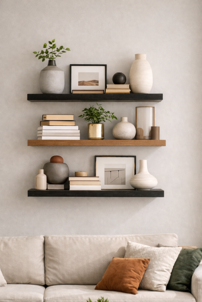 Modern shelves with ceramic decor